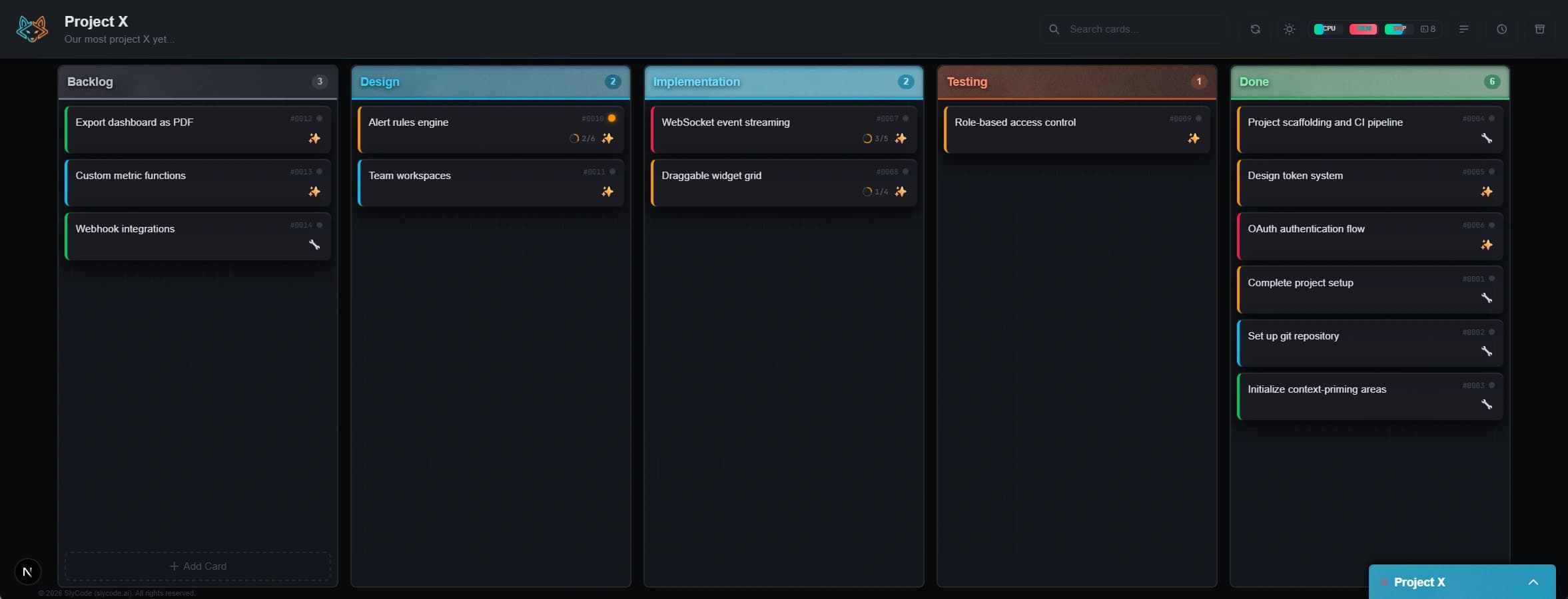 SlyCode kanban board with cards across backlog, design, implementation, testing, and done stages