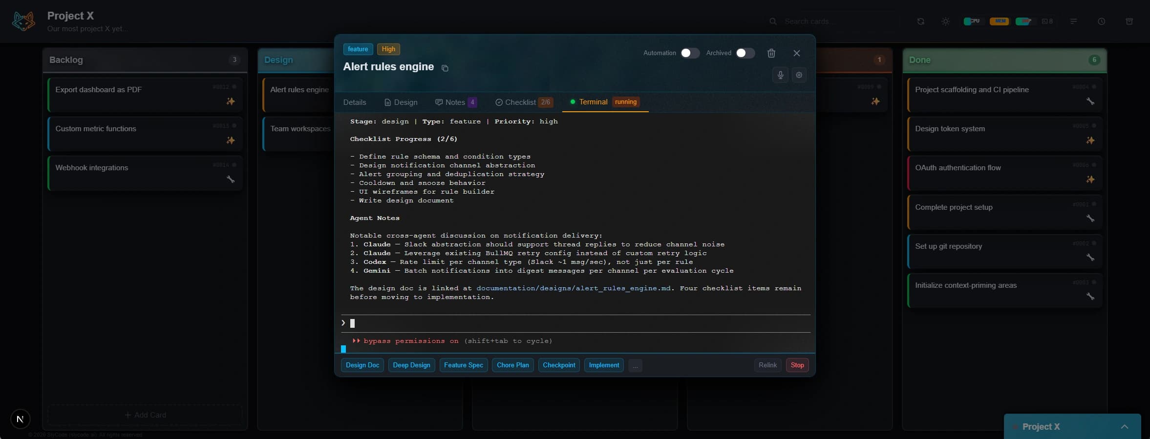 Terminal tab showing a live AI coding session with skill buttons for Design Doc, Feature Spec, Implement, and more