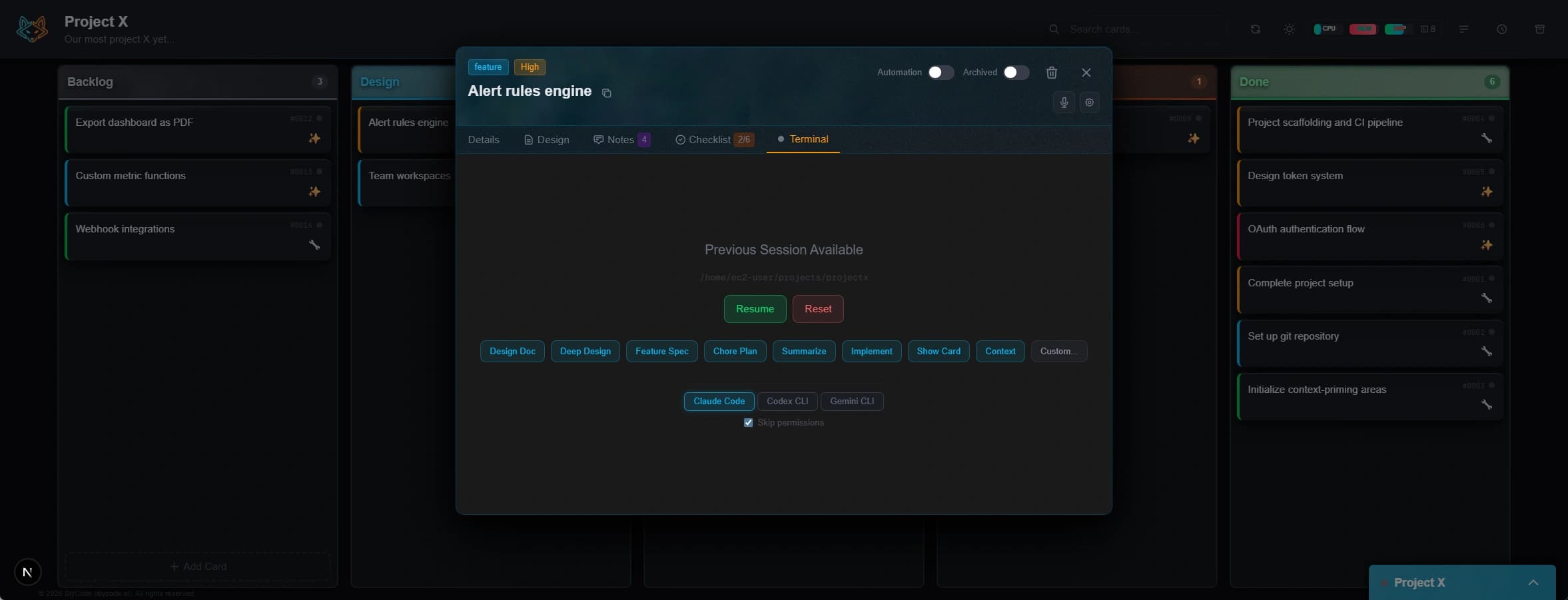 Terminal tab with session resume prompt, skill buttons, and provider selection for Claude Code, Codex CLI, and Gemini CLI