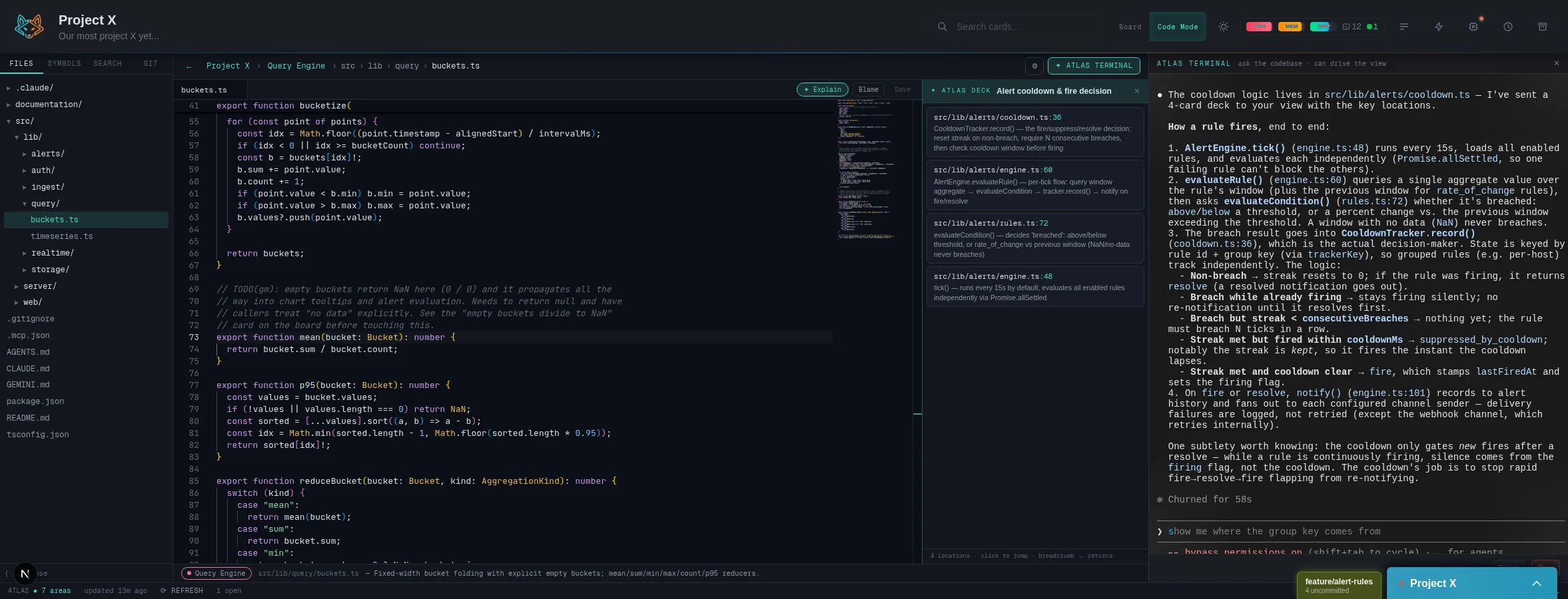 Atlas terminal answering a codebase question, with a deck of clickable file locations docked beside the code editor