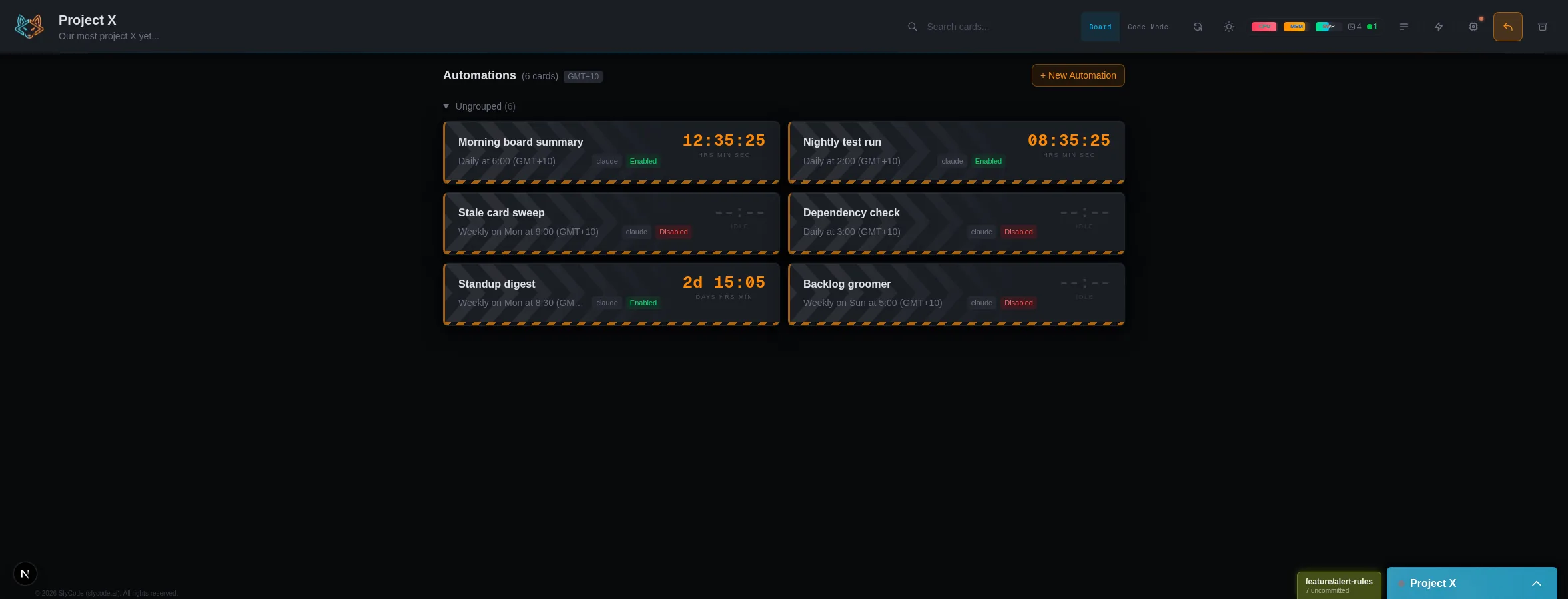 The Automations screen: scheduled cards with live countdowns, cron schedules, providers, and enabled toggles