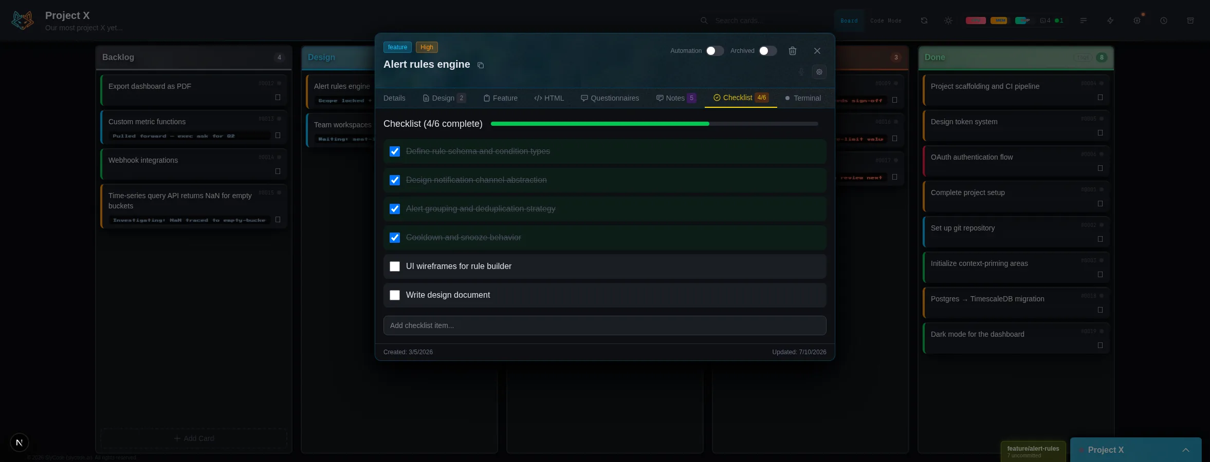 Card checklist tab showing four of six items complete with a progress bar
