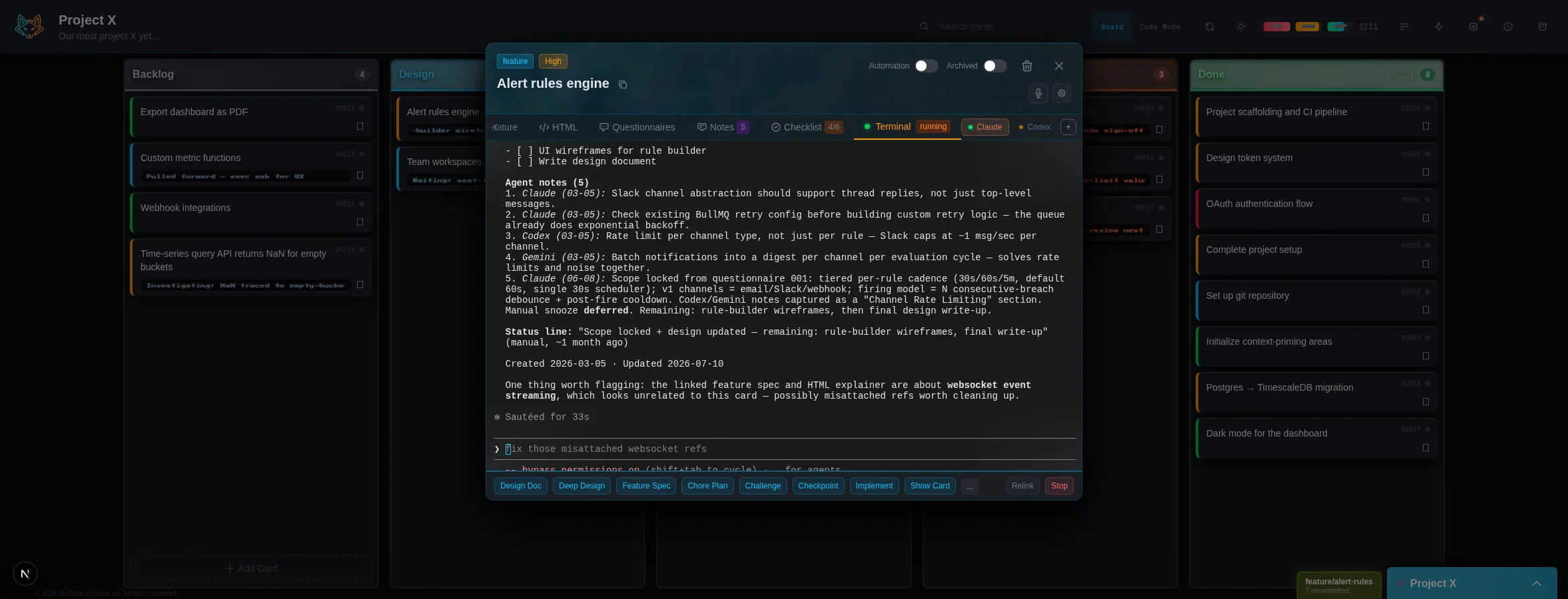 A live AI session reading the card, with cross-agent notes, one-click actions, and Claude and Codex sessions side by side in provider tabs