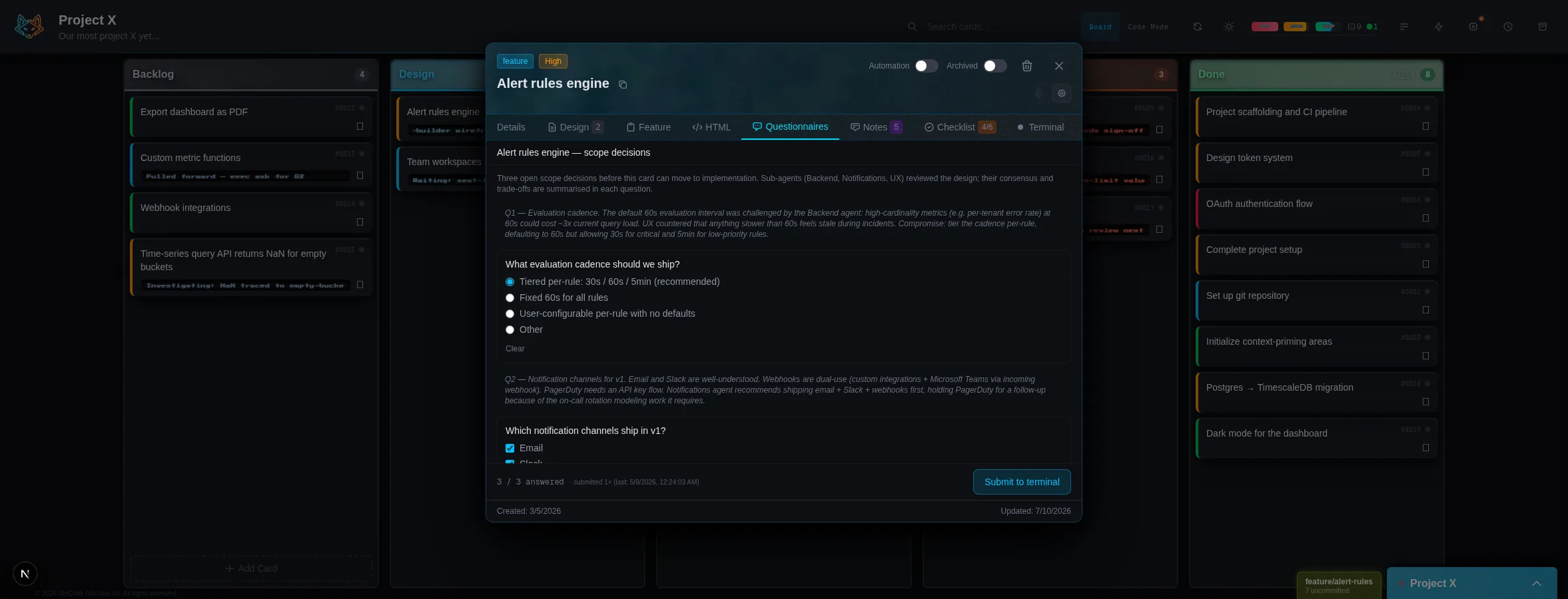 A structured questionnaire on a card: radio and checkbox questions with context, answered and ready to submit into the terminal