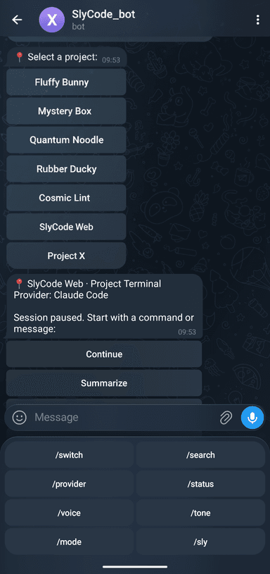 SlyCode Telegram bot: project selection and session commands