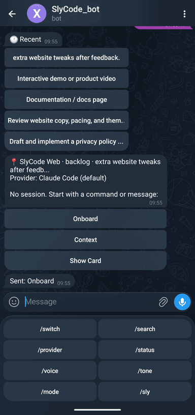 SlyCode Telegram bot: card actions with onboard, context, and show card