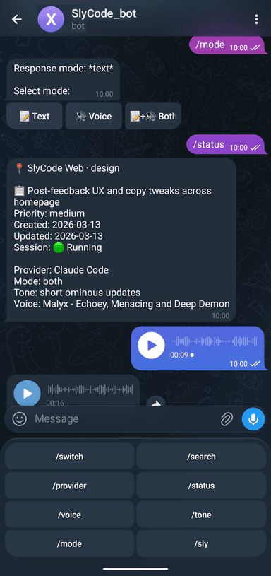 SlyCode Telegram bot: voice messages and card status
